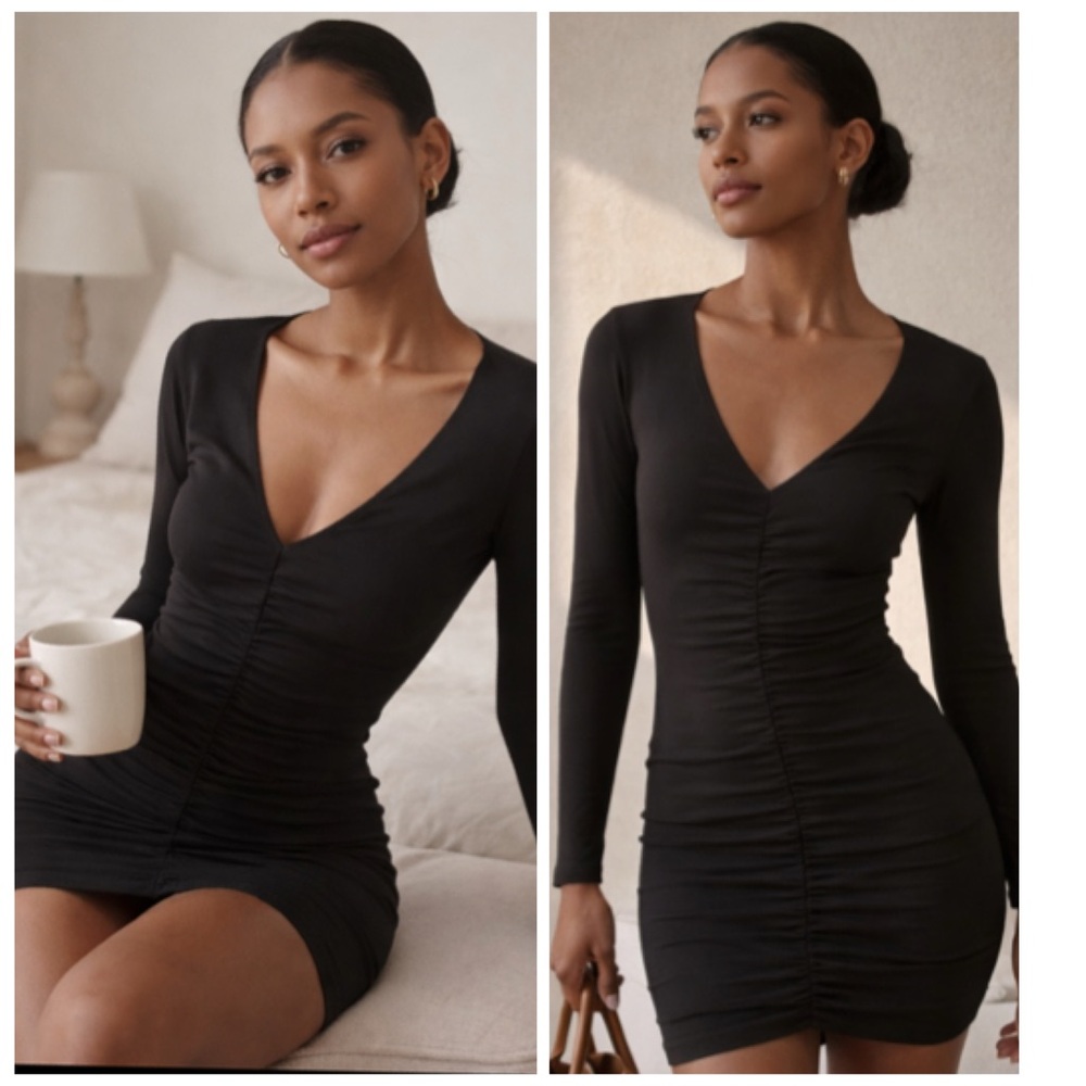 Reformation Cally Black Ruched Long Sleeve Bodycon Mini Dress Small